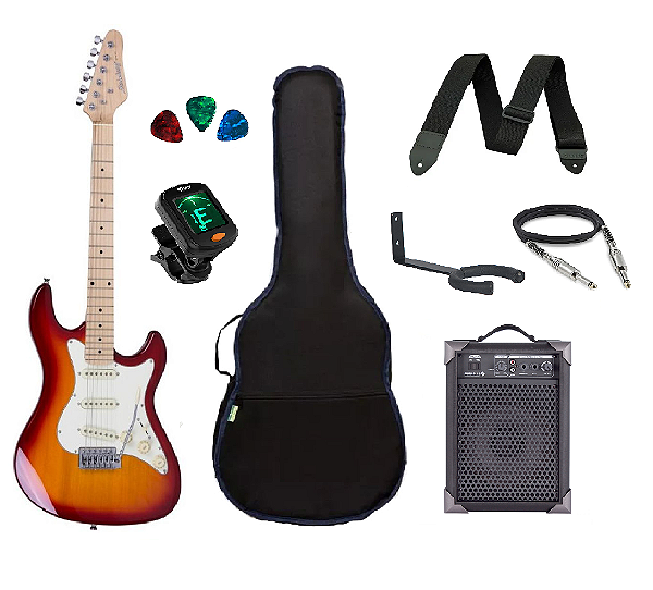 Kit Guitarra Strato Strinberg STS-100 com acessórios + amplificador Cherry