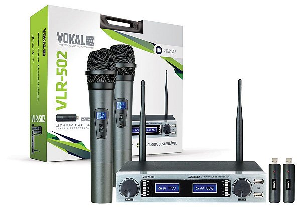 Microfone Sem Fio Vokal Duplo UHF Bateria Lithium VLR502
