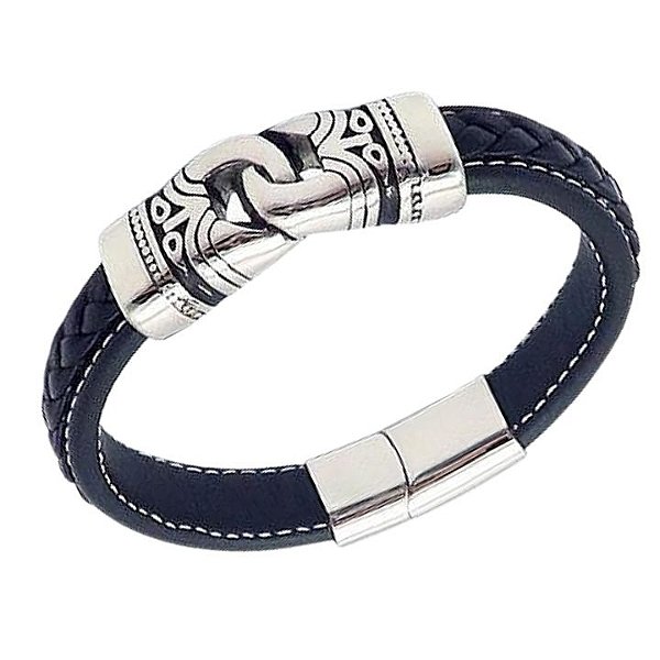 PULSEIRA MASCULINA DE COURO COM AÇO INOX HARLEY