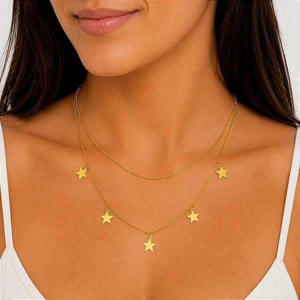 COLAR ESTRELAS AÇO INOX CIRÚRGICO COM OURO 18K CHOKER ESPELHADO