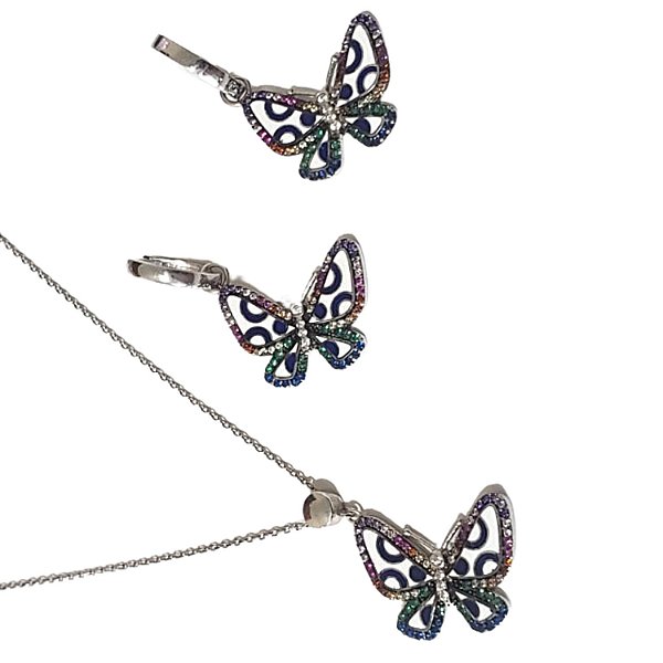 CONJUNTO PRATA 925 BORBOLETA COLORS COM ZIRCONINAS