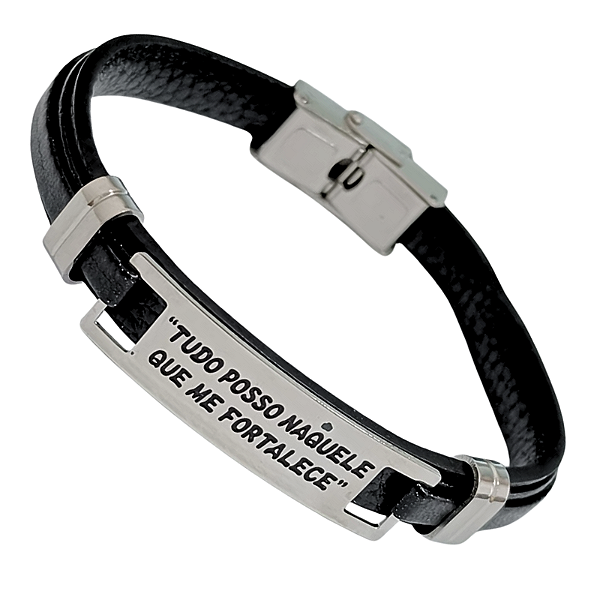Pulseira Masculina Couro e Aço Cirúrgico para Cristãos