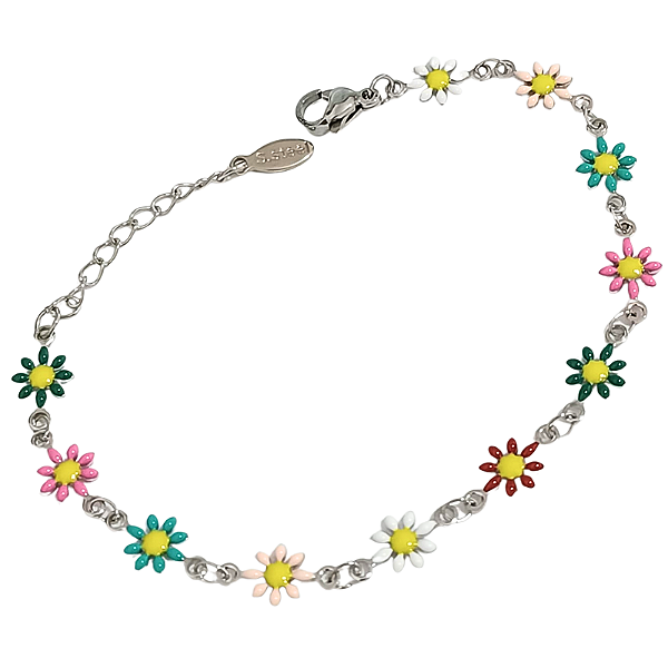 Pulseira Feminina Margaridas Coloridas em Aço Cirúrgico