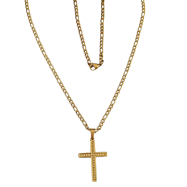 Colar Masculino Corrente 3x1 com Cruz Trabalhada em Aço com Ouro 18K