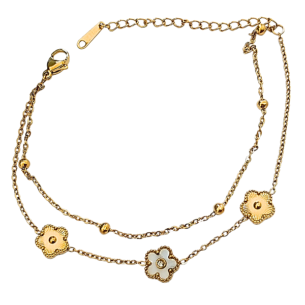 Pulseira Feminina de Aço com Ouro 18K Dupla Flower Pearl