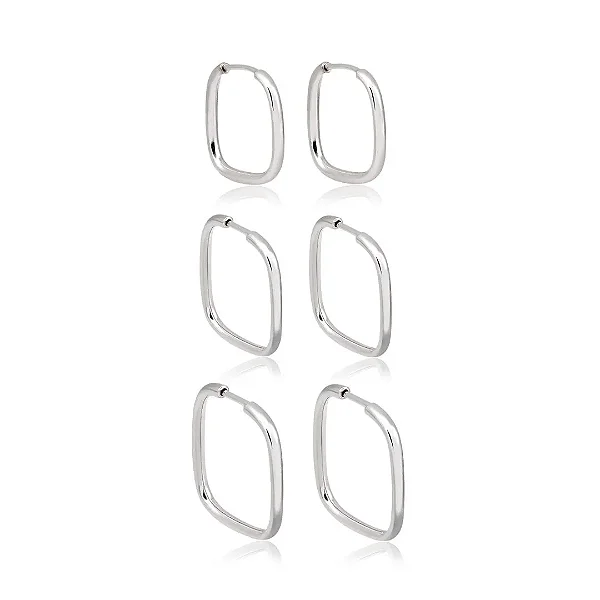 Trio de Brincos Argola Quadrada em Prata – Fio Redondo - Minimalismo e Versatilidade em 3 Tamanhos