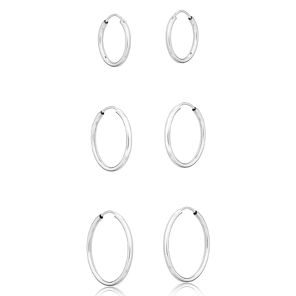 Trio de Brincos Argola em Prata – Fio Redondo 15mm, 13mm e 10mm | Linha Essencial