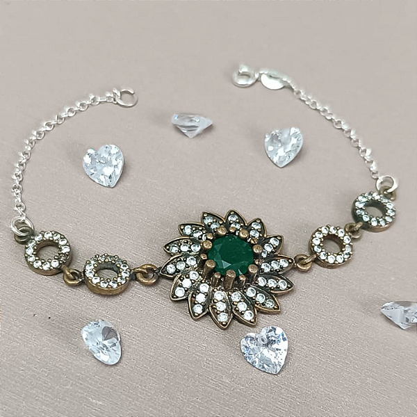 Pulseira de Prata Turca Flor de Esmeralda