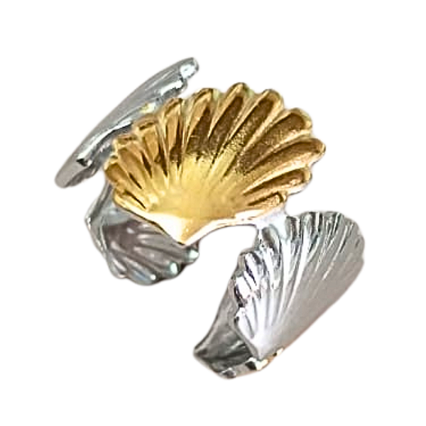 Anel de Aço Cirúrgico e Ouro 18K Conchas do Mar Stilist - Ajustável