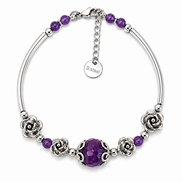 Pulseira em Aço Cirúrgico 316L Estilo Prata de Bali com Ametista Natural – Design Exclusivo Luciana Vilar | Peça Única