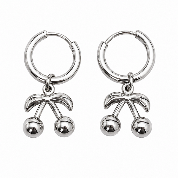 Brinco de Aço Cirúrgico Argolinha Click Pendente Cereja
