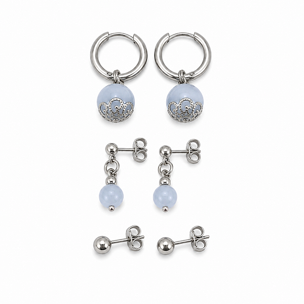 Kit Trio de Brincos Aço Cirúrgico com Pedra Natural Calcedonia