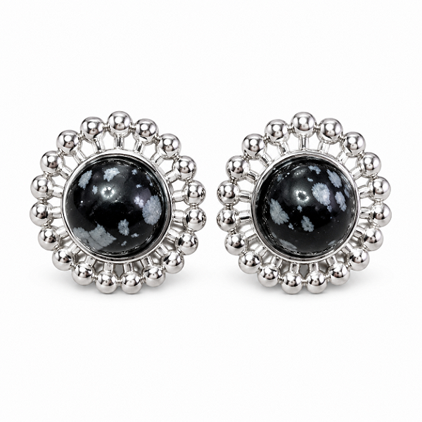 Brinco Aço Cirúrgico Bali com pedra Natural Obsidian