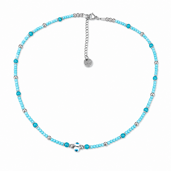 Colar Choker Aço Cirúrgico com Turquesa Natural Olho Grego