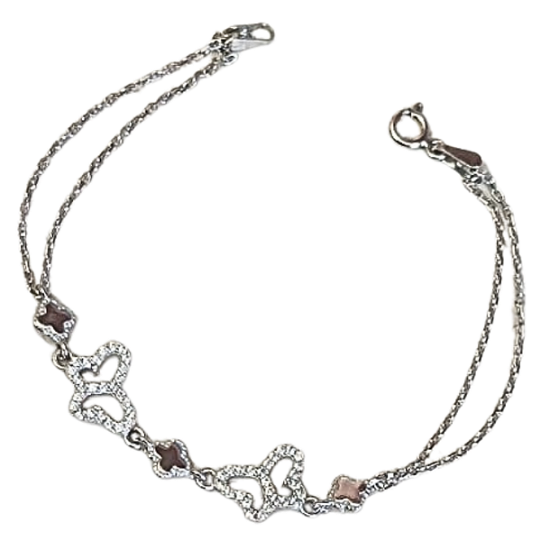 Pulseira de Prata com Ouro Branco Borboletas Cravejadas