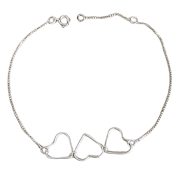 Pulseira de Prata Delicada 3 Corações