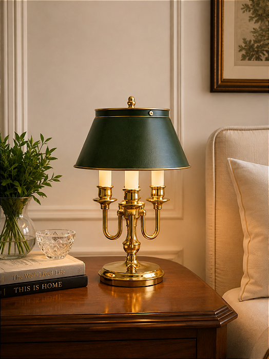 Abajur Mini Inglês Dourado 3 Braços Curvos Cúpula Bivolt 41cm de Altura Golden Art E-27 M012 Cabeceiras e Mesas
