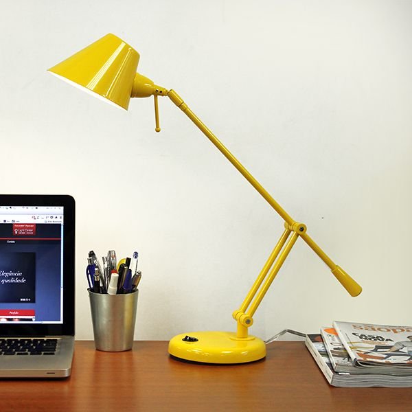 Abajur Luminária de Mesa Alumínio Colorido Amarelo Cúpula Bivolt 40cm de Altura Tamy Golden Art G9 M785 Escritório e Salas