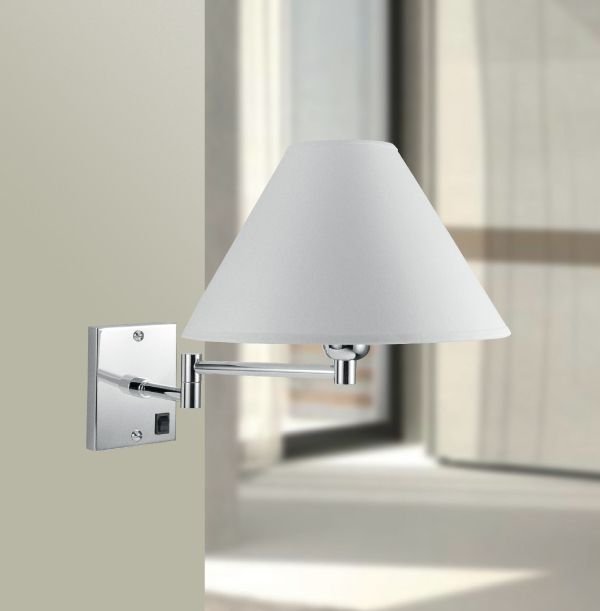 Arandela Interna Cromada Braço Articulado Cúpula Tecido Branco 27x9 Golden Art E-27 P334 Quartos e Salas