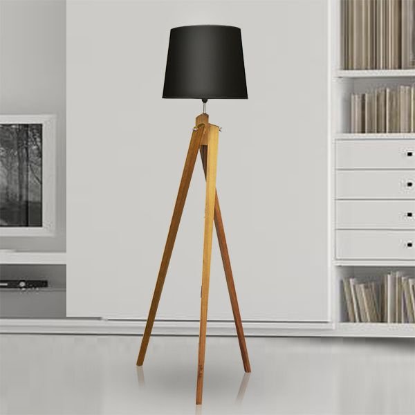 Coluna Luminária de Chão Rústica Tripé Transversal Madeira Cúpula Bivolt 1,75m de Altura Golden Art E-27 C750 Salas e Hall