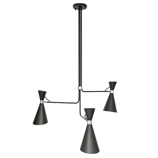 Lustre Design Moderno Braços Retos Preto Fosco Cúpula 3 Lâmpadas 90x90 Picasso Golden Art E-27 T1071 Salas e Hall