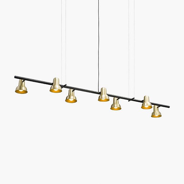 Lustre Escriba 7 Foco Sino Horizontal Alumínio Dourado 170cm Golden Art 7x E27 Bivolt T1810-7 Escritórios e Mesas