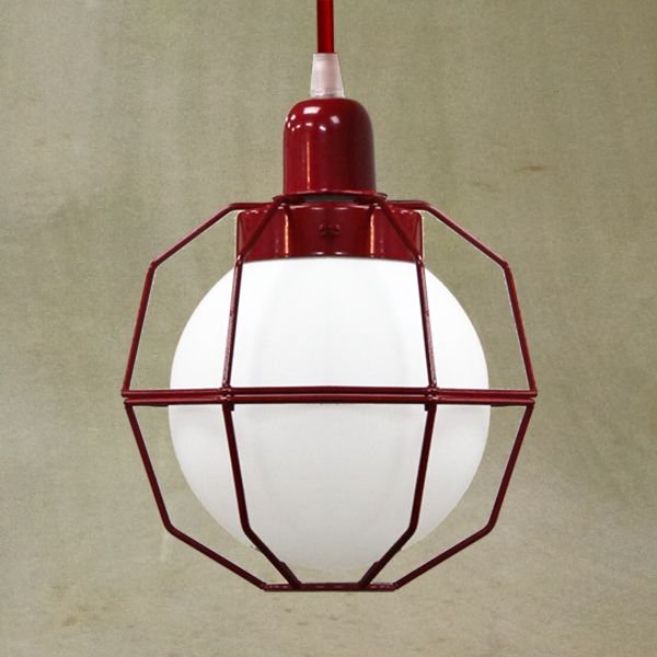 Pendente Aramado Colorido Vermelho Cúpula Vidro Leitoso 20x28 Aramis Golden Art E-27 T241-1 Salas e Hall