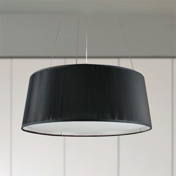 Pendente Seda Plissada Redondo Tecido Preto 22x55cm Golden Art 3x Lâmpadas E27 Bivolt T974 Cozinhas e Quartos