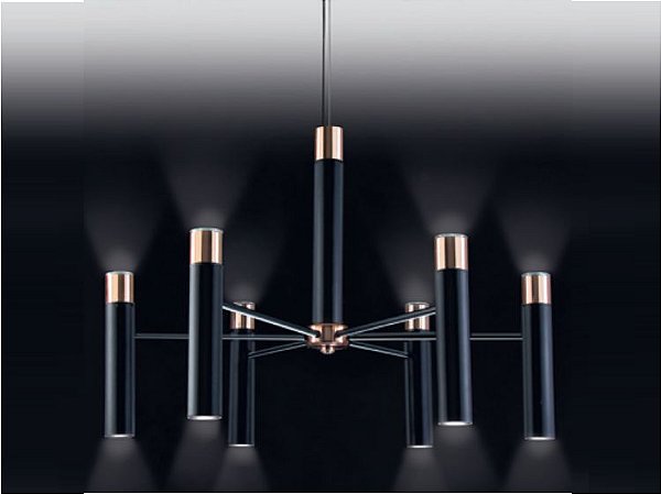 Lustre 6 Braços Metal Tubular Vertical Moderno Preto 48x78cm Old Artisan 12x GU10 Dicróica PD-4951 Salas e Hall