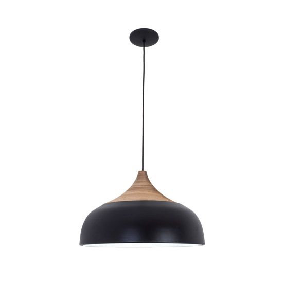 Pendente Ícone Redondo Preto Fosco Madeira Altura Regulável Bivolt Ø45cm E-27 Eletrônica Munclair 4617 Cozinhas e Salas