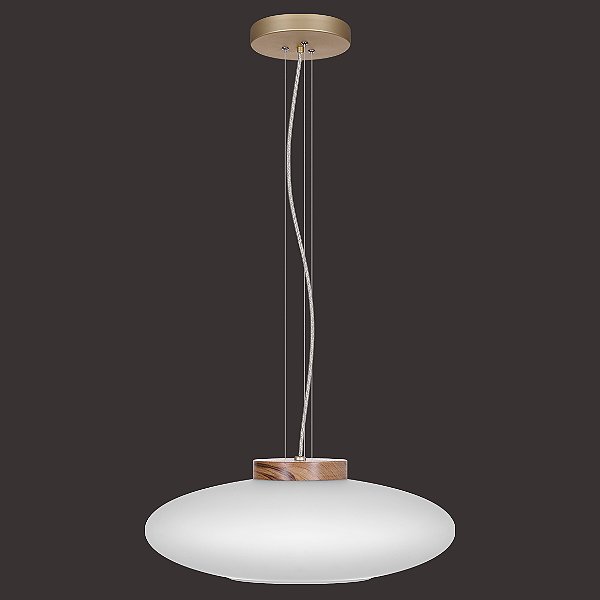 Pendente Dueluci Nave 404-G Vidro Branco Fosco Madeira Alumínio Ø50cm x A18cm LED 15W 3000K 2200Lm Bivolt Linha Design Moderno
