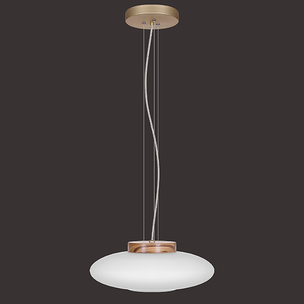 Pendente Dueluci Nave 404-P Vidro Branco Fosco Madeira Alumínio Ø40cm x A15cm LED 15W 3000K 2200Lm Bivolt Linha Design Moderno