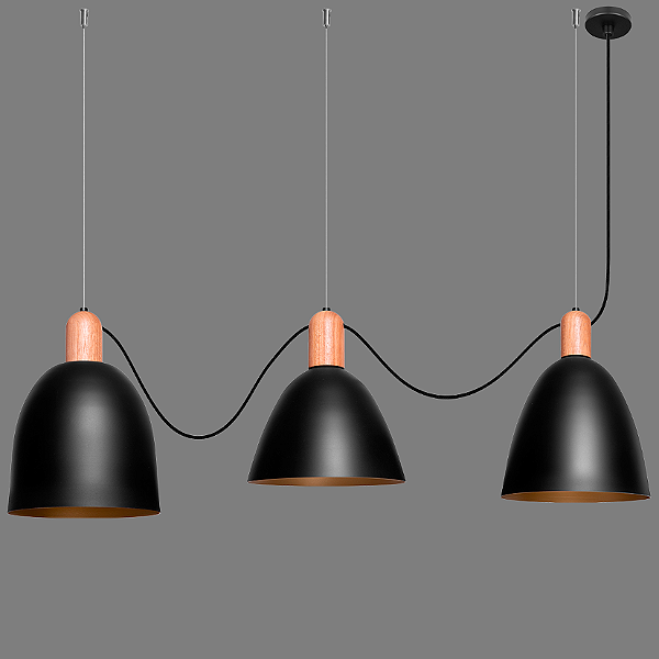 Pendente Dueluci Tri 820 Alumínio e Madeira 3 Cúpulas Ø20cm Ø21cm Ø23cm 3x E27 LED Linha Design Contemporâneo