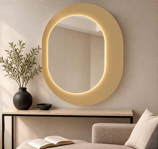 Espelho DNA Iluminação ES0103 Escritas – Oval 125×105 cm – Luz Indireta LED 60W 3000K – Moldura em Pintura e Inox