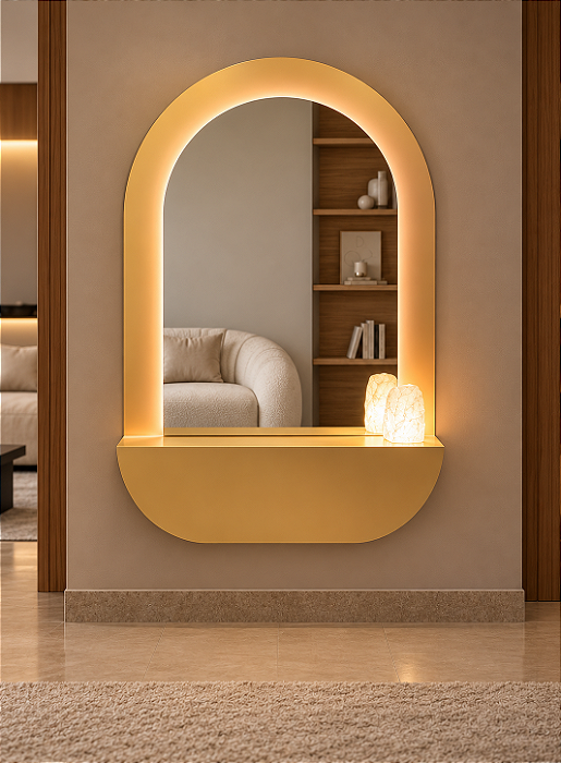 Espelho DNA Iluminação ES0104 Rituais – Oval 140×105 cm – Luz Indireta LED 60W 3000K – Moldura com Prateleira e Quartzo