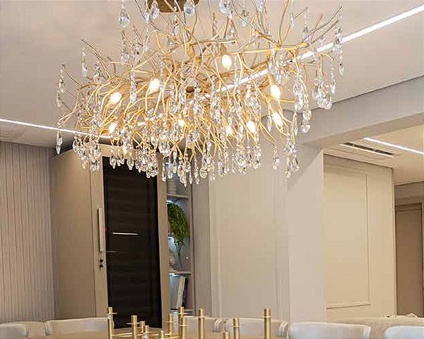 Lustre DNA Iluminação Branch Ágata Cristal Mix 100cm BRANCH-100-ACAM – 10 Lâmpadas E14 – Ágata Cristal + Amêndoa