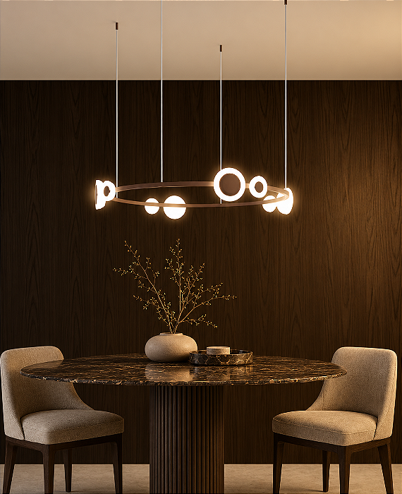 Pendente DNA Iluminação L0114 Kálida Round – Ø80 cm – 8 Cúpulas Selenita – LED 24W 3000K – Cabo 2 m