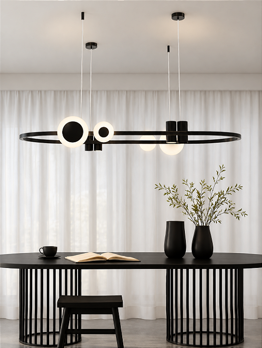 Pendente DNA Iluminação L0115 Kálida Oval – 120×50 cm – 4 Cúpulas Selenita – LED 24W 3000K + 4×GU10 – Cabo 2 m