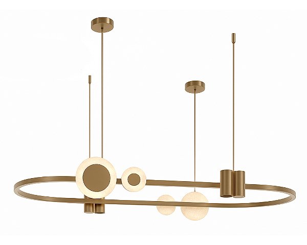 Pendente DNA Iluminação L0115 Kálida Oval – 120×50 cm – 4 Cúpulas Selenita – LED 24W 3000K + 4×GU10 – Cabo 2 m