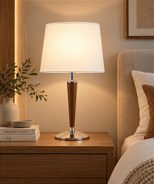 Abajur de Mesa Golden Art Cone em Latão com Detalhe em Madeira de 25cm e Lâmpada E27 56cm M027-25LT