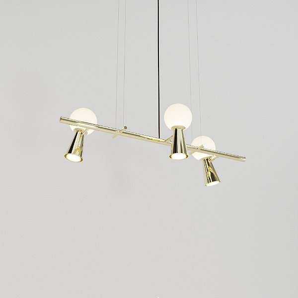 Lustre PIVÔ Linear em Latão com 3 Bolas de Vidro e Spots – Golden Art Iluminação T9900-3LT