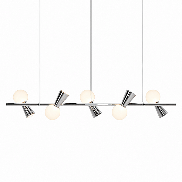 (Latão - Especiais) Lustre PIVÔ Linear 5 Bolas de Vidro e Spots – Golden Art Iluminação T9900-5LT