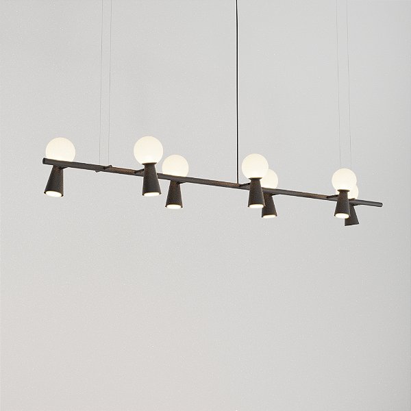 Lustre PIVÔ Linear em Latão com 7 Bolas de Vidro e Spots – Golden Art Iluminação T9900-7LT