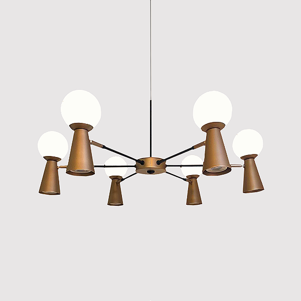 Lustre PIVÔ Redondo com 6 Bolas de Vidro e Spots em Pintura – Golden Art Iluminação T9900-6PI