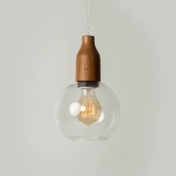 Pendente BOLHA com Vidro Ø15cm e Detalhe em Madeira – Golden Art Iluminação T2466MD