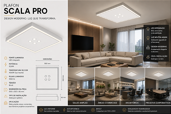 Plafon Scala Pro Usina Design LED 52,8W 4000K 3326lm Bivolt 19235-55LED4