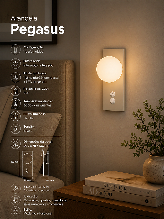 Arandela Pegasus Usina Design com Globo e Interruptor LED 9W 3000K 1170lm Bivolt 19498-20LED3