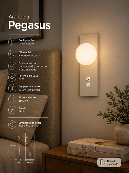 Arandela Pegasus Usina Design com Globo e Interruptor LED 20W 3000K 2600lm Bivolt 19498-39LED3