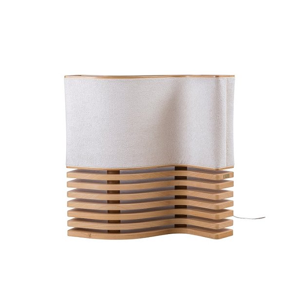 Luminária de Mesa Copan Madelustre Madeira Natural Linho ou Bouclé Inspirada no Edifício Copan 3350