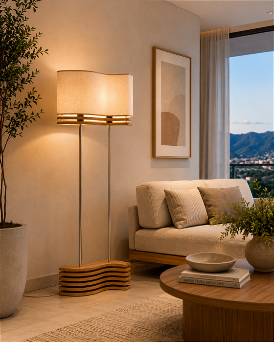 Luminária de Piso Copan Madelustre 175cm Madeira Natural Linho ou Bouclé Champagne